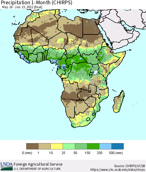 Africa Precipitation 1-Month (CHIRPS) Thematic Map For 5/16/2022 - 6/15/2022