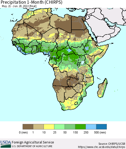 Africa Precipitation 1-Month (CHIRPS) Thematic Map For 5/21/2022 - 6/20/2022