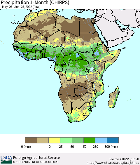 Africa Precipitation 1-Month (CHIRPS) Thematic Map For 5/26/2022 - 6/25/2022