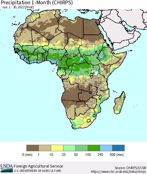Africa Precipitation 1-Month (CHIRPS) Thematic Map For 6/1/2022 - 6/30/2022