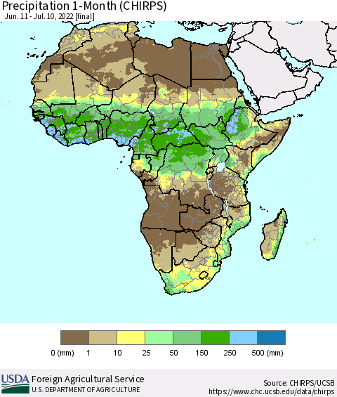 Africa Precipitation 1-Month (CHIRPS) Thematic Map For 6/11/2022 - 7/10/2022