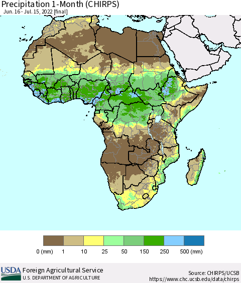 Africa Precipitation 1-Month (CHIRPS) Thematic Map For 6/16/2022 - 7/15/2022