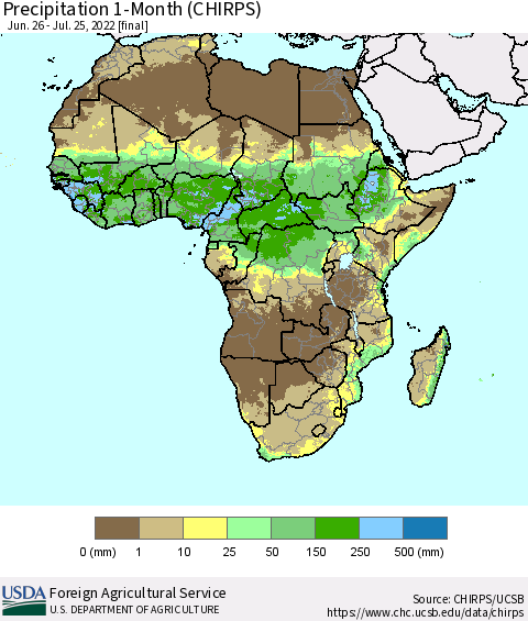 Africa Precipitation 1-Month (CHIRPS) Thematic Map For 6/26/2022 - 7/25/2022