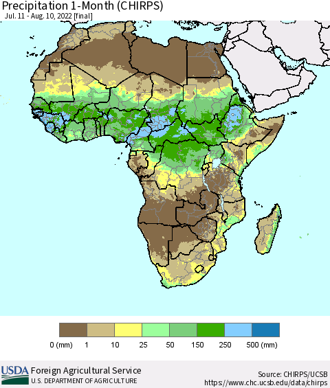 Africa Precipitation 1-Month (CHIRPS) Thematic Map For 7/11/2022 - 8/10/2022