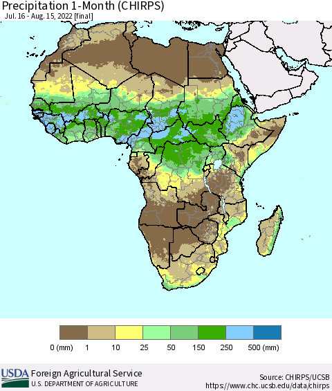 Africa Precipitation 1-Month (CHIRPS) Thematic Map For 7/16/2022 - 8/15/2022
