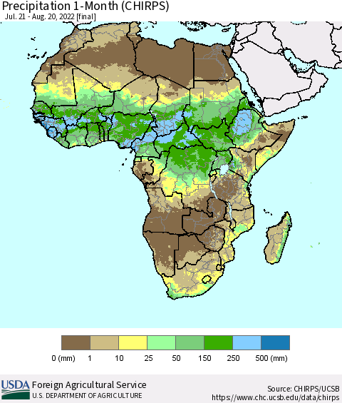 Africa Precipitation 1-Month (CHIRPS) Thematic Map For 7/21/2022 - 8/20/2022