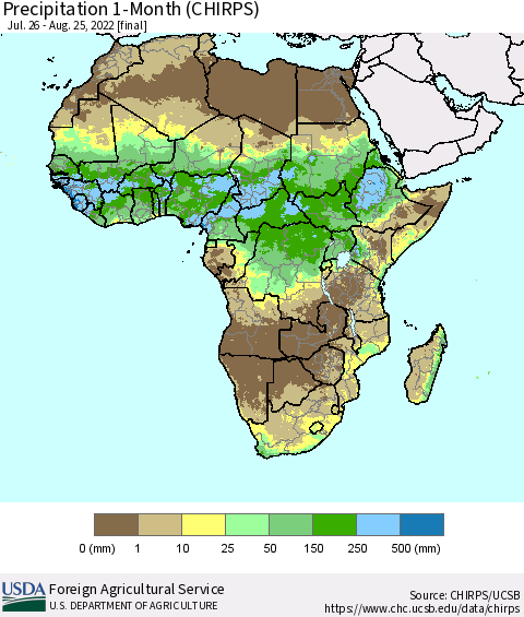 Africa Precipitation 1-Month (CHIRPS) Thematic Map For 7/26/2022 - 8/25/2022