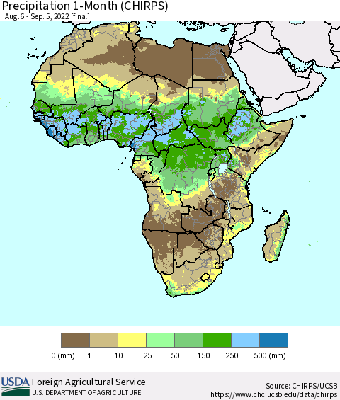 Africa Precipitation 1-Month (CHIRPS) Thematic Map For 8/6/2022 - 9/5/2022
