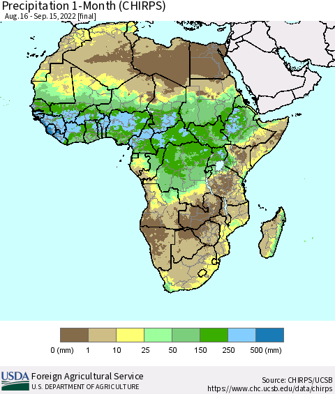 Africa Precipitation 1-Month (CHIRPS) Thematic Map For 8/16/2022 - 9/15/2022