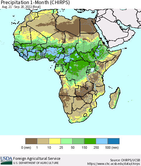 Africa Precipitation 1-Month (CHIRPS) Thematic Map For 8/21/2022 - 9/20/2022