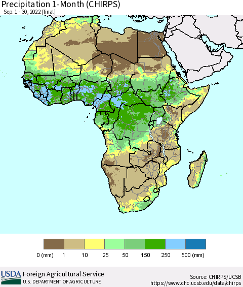 Africa Precipitation 1-Month (CHIRPS) Thematic Map For 9/1/2022 - 9/30/2022