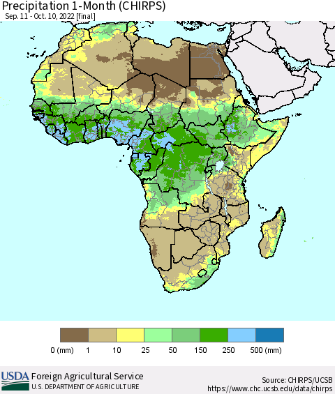 Africa Precipitation 1-Month (CHIRPS) Thematic Map For 9/11/2022 - 10/10/2022
