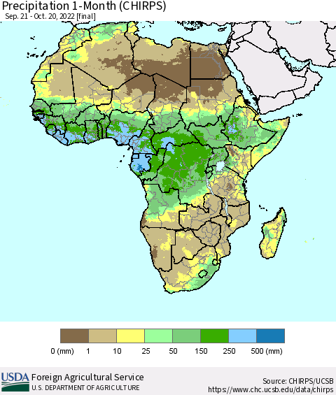 Africa Precipitation 1-Month (CHIRPS) Thematic Map For 9/21/2022 - 10/20/2022