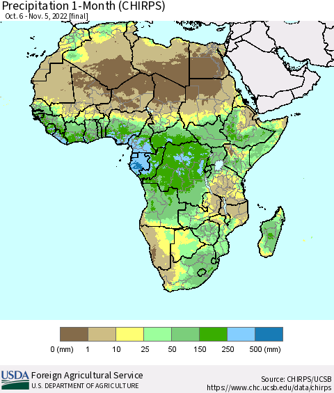 Africa Precipitation 1-Month (CHIRPS) Thematic Map For 10/6/2022 - 11/5/2022