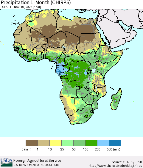 Africa Precipitation 1-Month (CHIRPS) Thematic Map For 10/11/2022 - 11/10/2022