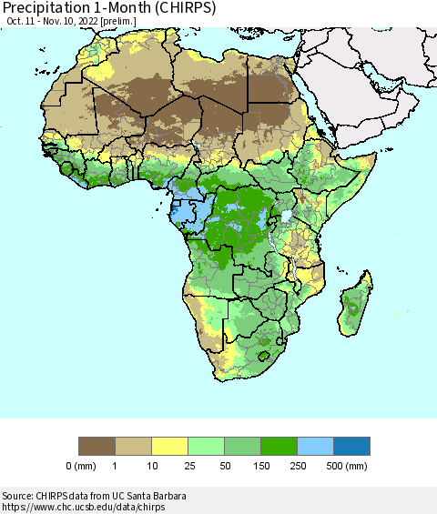 Africa Precipitation 1-Month (CHIRPS) Thematic Map For 10/11/2022 - 11/10/2022