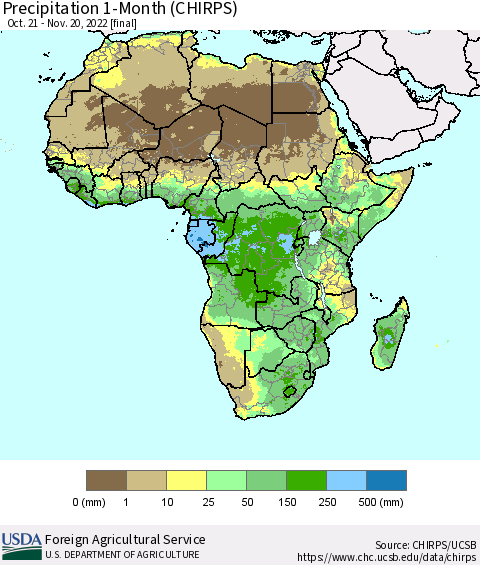 Africa Precipitation 1-Month (CHIRPS) Thematic Map For 10/21/2022 - 11/20/2022