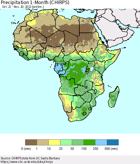 Africa Precipitation 1-Month (CHIRPS) Thematic Map For 10/21/2022 - 11/20/2022