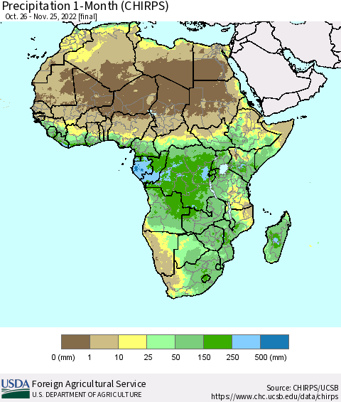 Africa Precipitation 1-Month (CHIRPS) Thematic Map For 10/26/2022 - 11/25/2022