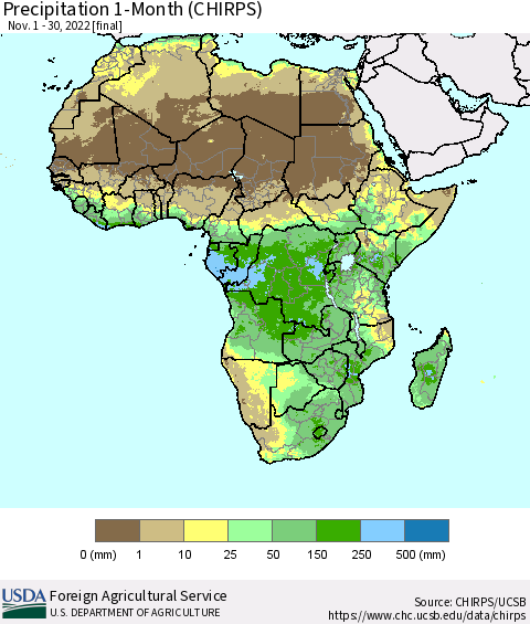 Africa Precipitation 1-Month (CHIRPS) Thematic Map For 11/1/2022 - 11/30/2022