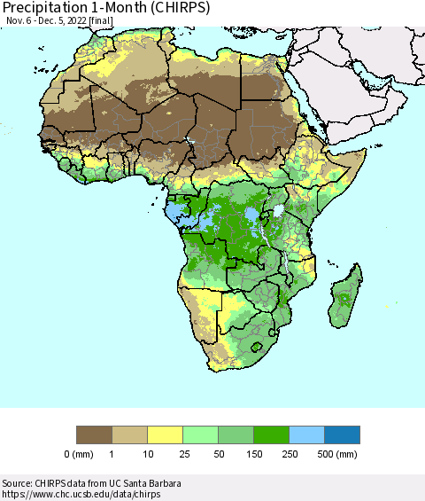Africa Precipitation 1-Month (CHIRPS) Thematic Map For 11/6/2022 - 12/5/2022