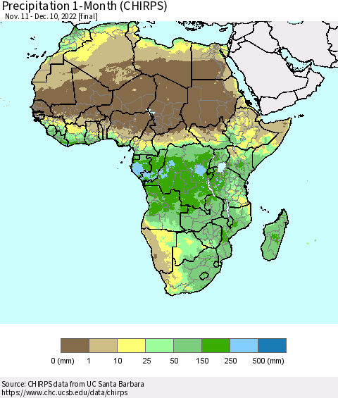 Africa Precipitation 1-Month (CHIRPS) Thematic Map For 11/11/2022 - 12/10/2022