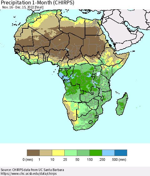Africa Precipitation 1-Month (CHIRPS) Thematic Map For 11/16/2022 - 12/15/2022