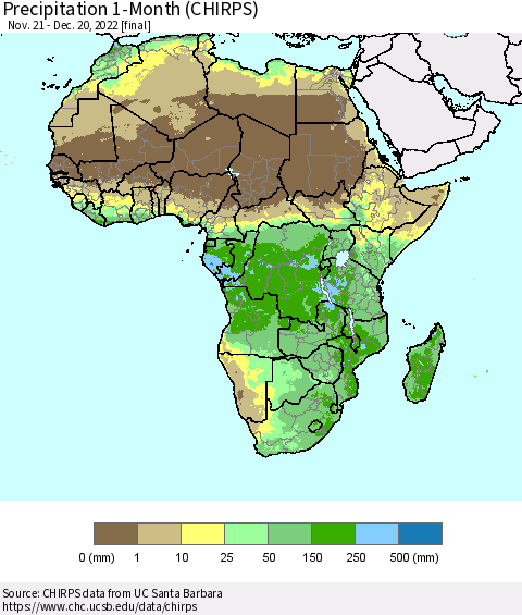 Africa Precipitation 1-Month (CHIRPS) Thematic Map For 11/21/2022 - 12/20/2022