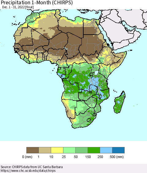 Africa Precipitation 1-Month (CHIRPS) Thematic Map For 12/1/2022 - 12/31/2022