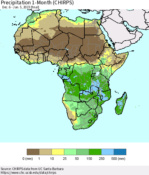 Africa Precipitation 1-Month (CHIRPS) Thematic Map For 12/6/2022 - 1/5/2023