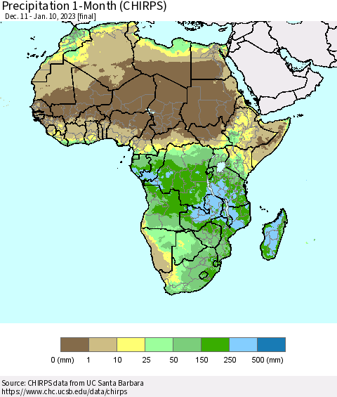 Africa Precipitation 1-Month (CHIRPS) Thematic Map For 12/11/2022 - 1/10/2023