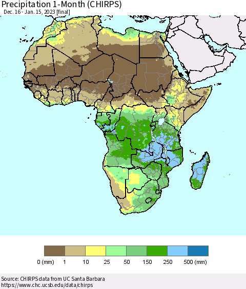 Africa Precipitation 1-Month (CHIRPS) Thematic Map For 12/16/2022 - 1/15/2023