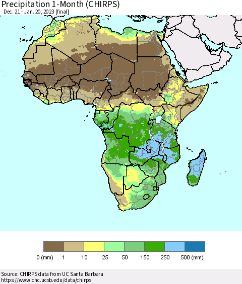 Africa Precipitation 1-Month (CHIRPS) Thematic Map For 12/21/2022 - 1/20/2023