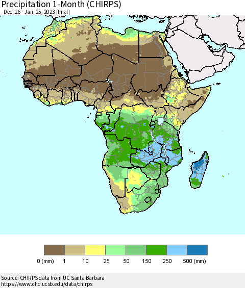 Africa Precipitation 1-Month (CHIRPS) Thematic Map For 12/26/2022 - 1/25/2023