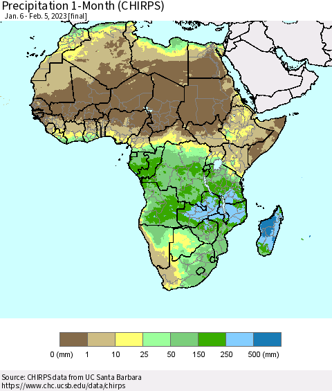 Africa Precipitation 1-Month (CHIRPS) Thematic Map For 1/6/2023 - 2/5/2023