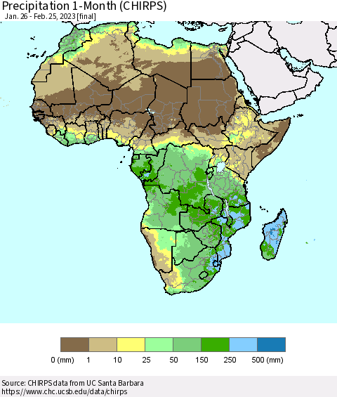 Africa Precipitation 1-Month (CHIRPS) Thematic Map For 1/26/2023 - 2/25/2023