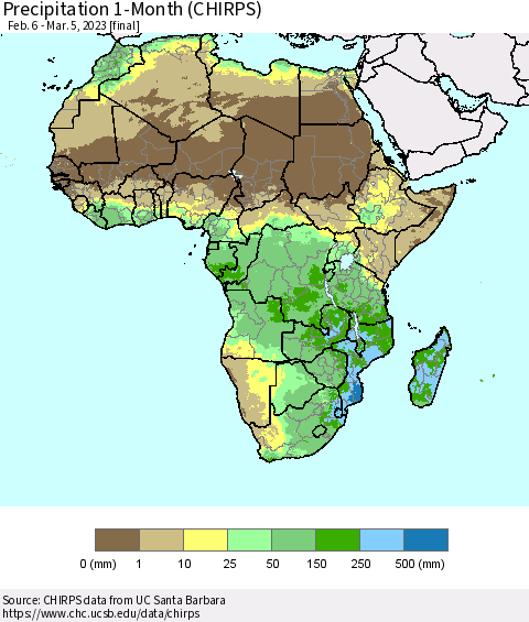 Africa Precipitation 1-Month (CHIRPS) Thematic Map For 2/6/2023 - 3/5/2023