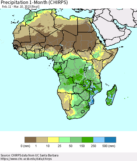 Africa Precipitation 1-Month (CHIRPS) Thematic Map For 2/11/2023 - 3/10/2023