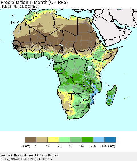 Africa Precipitation 1-Month (CHIRPS) Thematic Map For 2/16/2023 - 3/15/2023