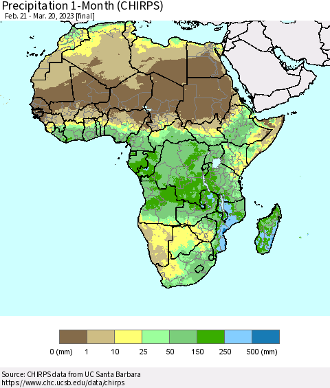 Africa Precipitation 1-Month (CHIRPS) Thematic Map For 2/21/2023 - 3/20/2023