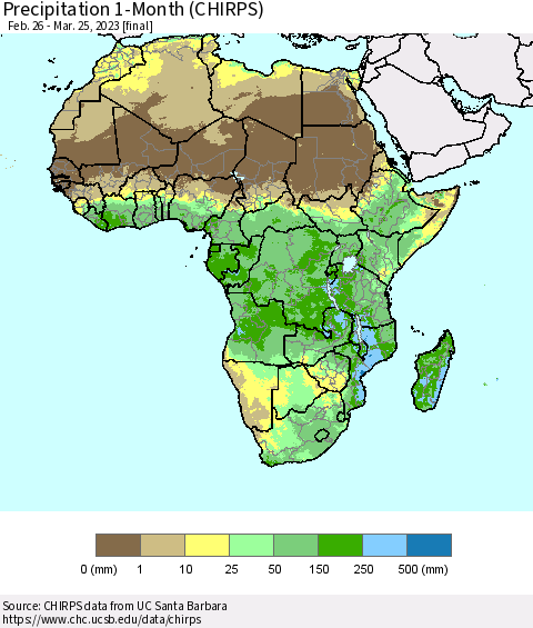 Africa Precipitation 1-Month (CHIRPS) Thematic Map For 2/26/2023 - 3/25/2023