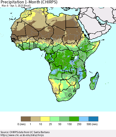 Africa Precipitation 1-Month (CHIRPS) Thematic Map For 3/6/2023 - 4/5/2023