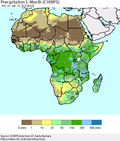Africa Precipitation 1-Month (CHIRPS) Thematic Map For 3/16/2023 - 4/15/2023