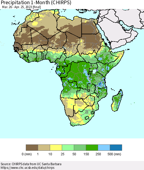 Africa Precipitation 1-Month (CHIRPS) Thematic Map For 3/26/2023 - 4/25/2023