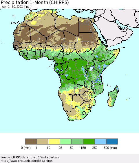 Africa Precipitation 1-Month (CHIRPS) Thematic Map For 4/1/2023 - 4/30/2023
