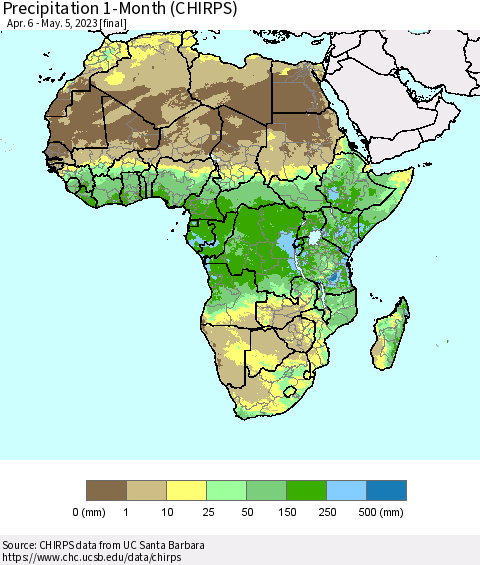 Africa Precipitation 1-Month (CHIRPS) Thematic Map For 4/6/2023 - 5/5/2023