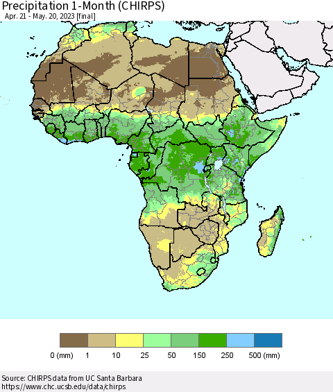 Africa Precipitation 1-Month (CHIRPS) Thematic Map For 4/21/2023 - 5/20/2023