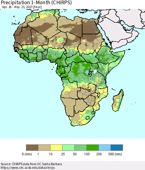 Africa Precipitation 1-Month (CHIRPS) Thematic Map For 4/26/2023 - 5/25/2023