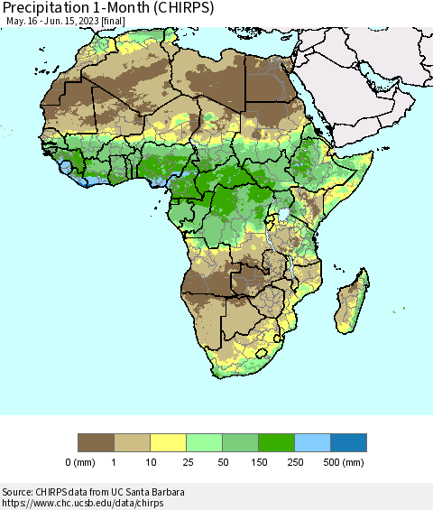 Africa Precipitation 1-Month (CHIRPS) Thematic Map For 5/16/2023 - 6/15/2023