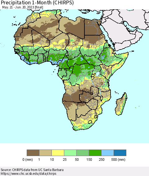 Africa Precipitation 1-Month (CHIRPS) Thematic Map For 5/21/2023 - 6/20/2023